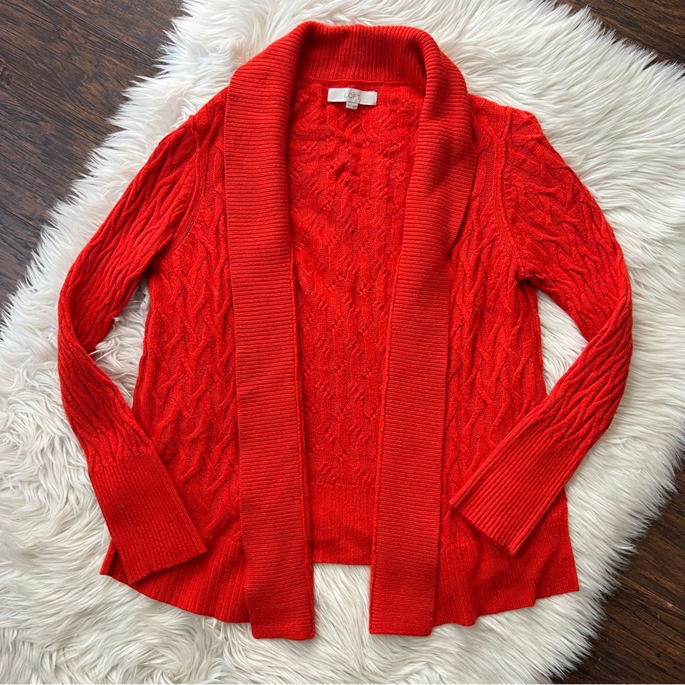 Loft Cable Knit Red-Orange Open Cardigan XL